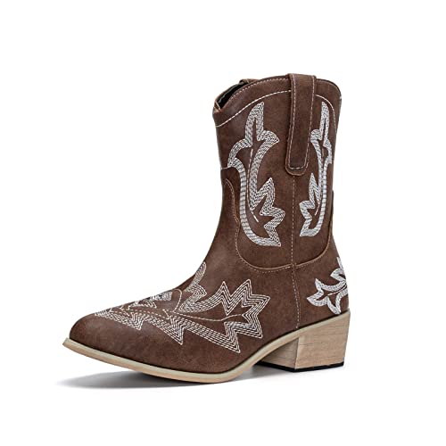 Damen-Winterstiefel, Western-Cowboy-Stiefel, spitzer Zehenbereich, PU-Leder, Stickerei, breite Wadenstiefel, braun, 39 EU Cover
