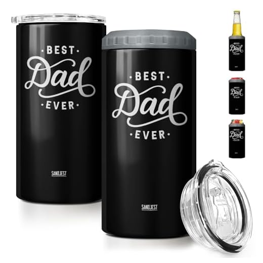 SANDJEST 4-in-1 Best Dad Ever Tumbler Gifts for Dad from Daughter Son - 12oz Dad Can Cooler Tumblers Travel Mug Cup - Stainless Steel Insulated Cans Coozie Christmas, Birthday, Father's Day Gift