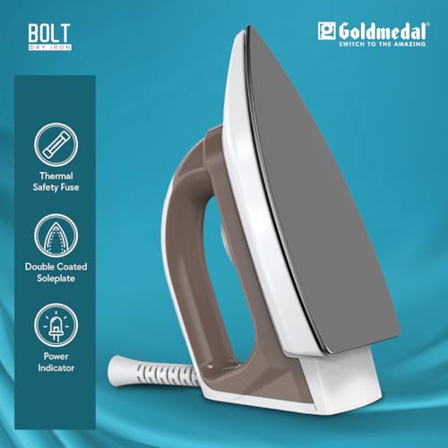 Image of Goldmedal Bolt 1000W Dry Iron | Non-stick Weilburger Premium Double Coated Soleplate | 5 Fabric Setting |1.8 Meter Cord | Thermal Fuse For Additional Safety| 2.5 Years Warranty | Light Weight (Grey)
