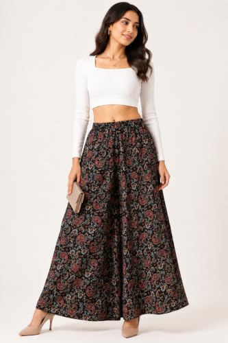 Image of Viscose Rayon Flared Printed Plazzo Palazzo Pants, Loose /Relaxed Fit Regular, Office Wear, Casual Wear Comfortable, Trouser Pants for Girls & Women Black Kerri Design (S to 3XL Size)