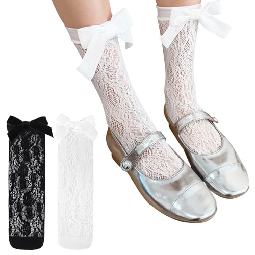 Littleforbig Women's Lace Flowers Velour Bow Frilly Ankle Socks 2 Pairs Set3