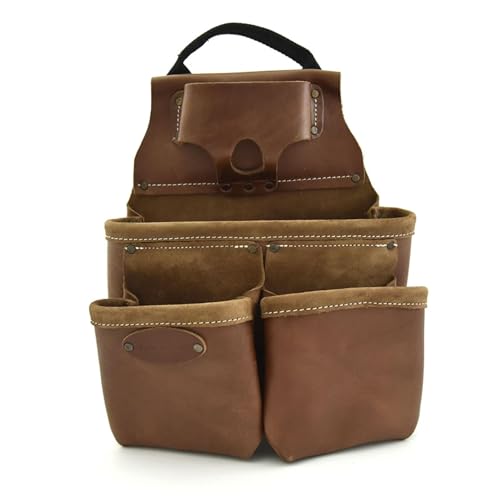 Style n Craft 9-Pocket Framer’s Nail and Tool Pouch, Heavy-Duty Leather Tool Pouch, Perfect and Durable Full-Grain Leather Pouch, Dark Tan (98435)