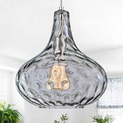 11' Smoked Hammered Glass Pendant Light, Brushed Nickel Kitchen Island