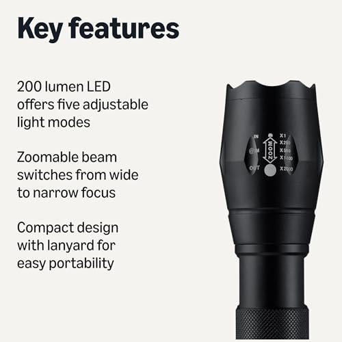Amazon Basics Handheld LED Flashlight, 200 high Lumen flashlights Adjustable Brightness Focus, Black