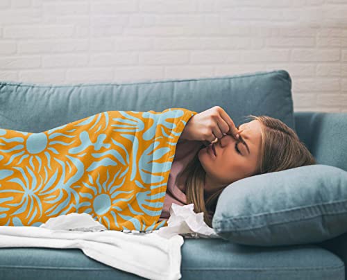 Fleece Throw Blankets For Couch,Abstract Sun And Flower Silhouette Soft Flannel Bed Throws,40X50In Lightweight Cozy Sofa Blankets,Orange Stripe Geometry On Blue Fluffy Warm Blanket For Home Decor #TOP3