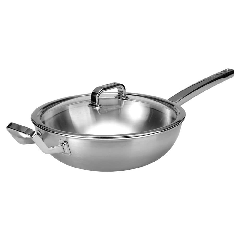 Stainless Steel Fry Pan with Lid No Coating Extra Strong Cookware Ergonomic Stainless Steel Handle 32CM