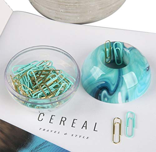 Hillento Gold/Blue Paper Clips In Elegant Magnetic Marble Blue Clip Holder, 100 Clips Per Box, 28Mm Paper Clips For Office Supplies Desk Organizer #TOP5