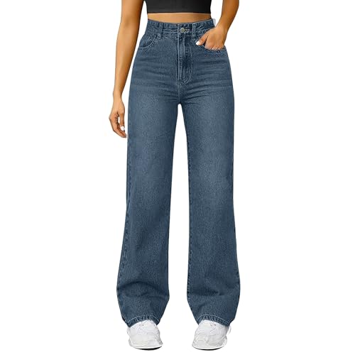 Vaqueros Mujer Rectos Tiro Alto Jeans Push Up Anchos Elasticos Vaquero con Bolsillo Pierna Recta Pantalones Tallas Grandes Color Liso Pantalón Cómodos y Casuales Algodón Holgados para el Uso Diario
