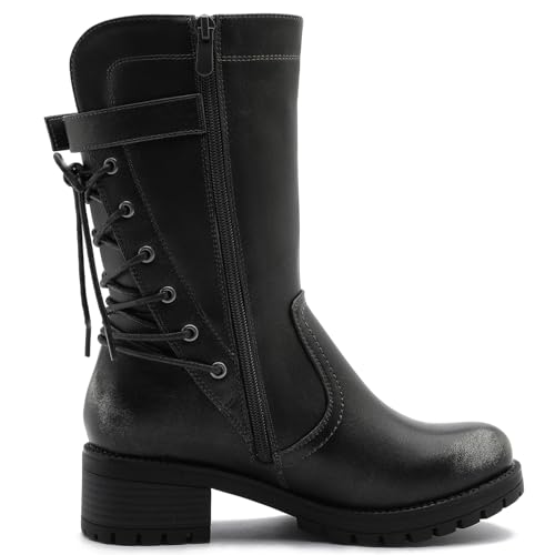 Image of GLOBALWIN Women's Biker Boots Lace up Back Mid Calf Motorcycle Fashion Festival Boots Combat Riding Military Boots for Women