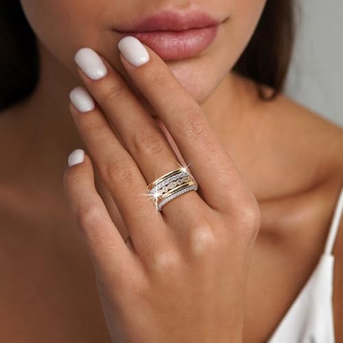 BOMAIL Stackable Rings for Women-Non Tarnish 18K Gold Plated Interlocking Rings Set Gold Silver Mixed Metal Statement Rings Dainty Cubic Zirconia CZ Connected Band Thumb Ring Jewelry for Women by BOMAIL - Used condition - Image 4