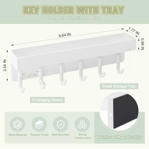 VIS'V Magnetic Key Holder Wall Mount, Compact Metal Key Rack with Tray, 6 Hooks, 2 Mount Options, White by VIS'V - Image 6
