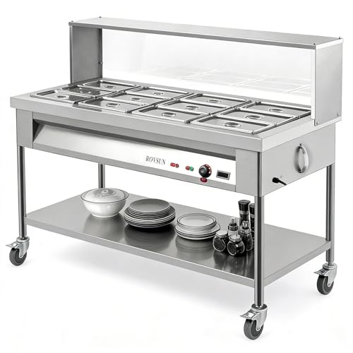 ROVSUN 96QT Steam Table, 12-Pan Electric Commercial Food Warmer, Stainless Steel Bain Marie w/Temperature Control Acrylic Shield Overshelf Undershelf & Lid for Buffet Restaurant