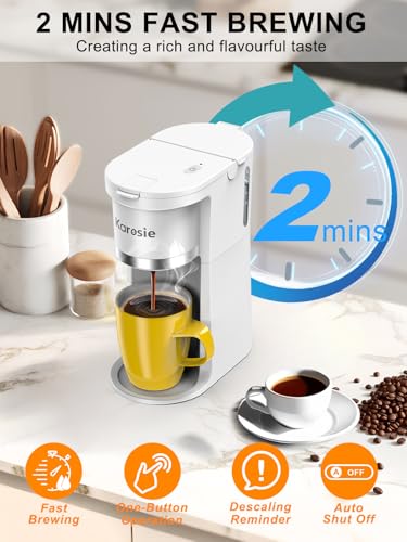 Image of Small Single Serve Coffee Maker, Fast Brew for K-Cup & Ground Coffee, 6-12 Oz Brew Sizes, One-Button Single Cup Coffee Maker, Coffee Machine with Descaling Reminder,White,9.45 Inches