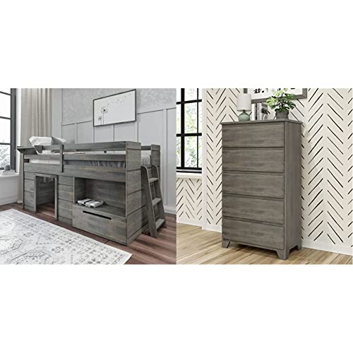 Max & Lily Modern Farmhouse Low Loft , Twin Bed Frame For Kids With 1 Drawer & 5-Drawer Wood Dresser, Driftwood #TOP4