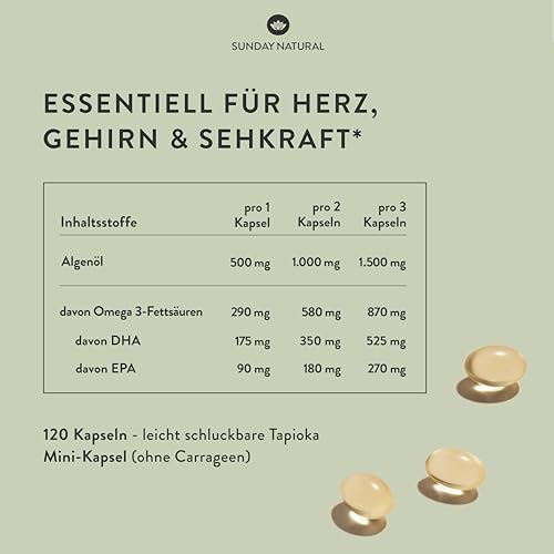 SUNDAY NATURAL® Omega 3 Vegan - 120 Softgel Kapseln - 1.000 mg Algenöl pro Tagesdosis: 350 mg DHA und 180 mg EPA - Leicht schluckbare Omega 3 Kapseln hochdosiert - Laborgeprüft