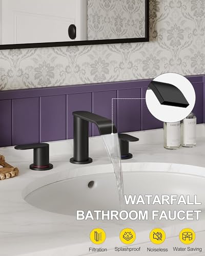 Homevacious Matte Black Waterfall Bathroom Faucet for Sink 3 Hole 8 Inch Widespread Bathroom Sink Faucets with Pop-up Drain Supply Lines Stainless Steel 2-Handle Bathroom Sink Faucet for Bath Vanity thumbnail 2