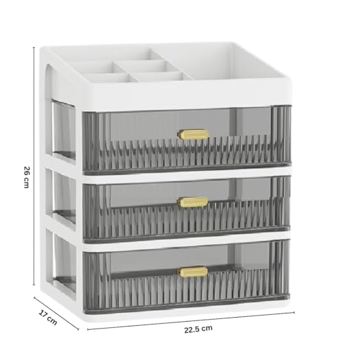 Image of JD Fresh 3 Layer Makeup Storage Organizer /Plastic Large Cosmetic Storage Box with Transparent Drawer /Vanity Countertop Skincare Organiser for Makeup, Perfume, Brushes & Beauty Accessories