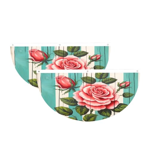 2-Pack Rose Wood Panel Painting Half Fan Flag Outdoor Decorative Banner With Hanging Rope, Weather Resistant Bunting Flag For Porch Balcony Patio Garden Fence Yard Party Decor 2x4 Ft
