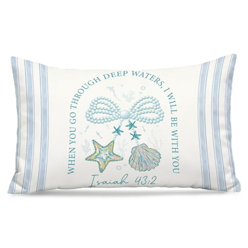 NEFMGEG Blue Coastal Beach Christian 12x20 Pillow Cover, Isaiah 43:2 Ocean Seashell Bible Verse Decorative Throw Pillow Covers Pillowcases for Home Bedroom Living Room Decor