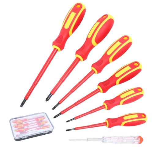 7 Pcs VDE Screwdriver Set, Magnetic Insulated Screwdriver Set for Electricians, Multifunctional Tool Kit with Voltage Tester for Safety Maintenance, Chrome Vanadium Screwdrivers TPR Handle