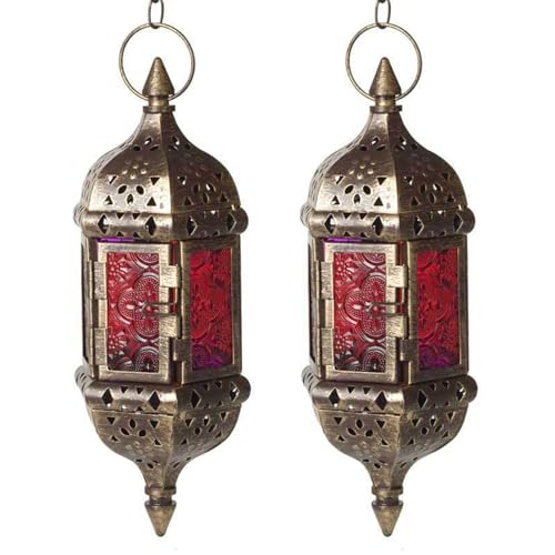 Linternas de Vela colcanas, 2 Piezas de luz de té de Metal, Linterna marroquí para Sala de Estar Balcón Patio Halloween Decoraciones navideñas