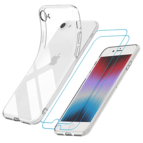 Garegce Funda iPhone SE 2022, funda para iPhone 7/8/SE 2020 [2x Vidrio Cristal Templado], funda de silicona fina y suave TPU, resistente a los golpes - Transparente