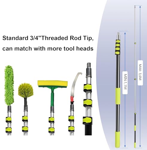 Hanured® Verlängerungsstange 1,1m-3,6m, Verstellbarer Aluminium Teleskopstange mit Universal-Aufdreh-Metallspitze, für Farbroller Deckenfenster Reinigung