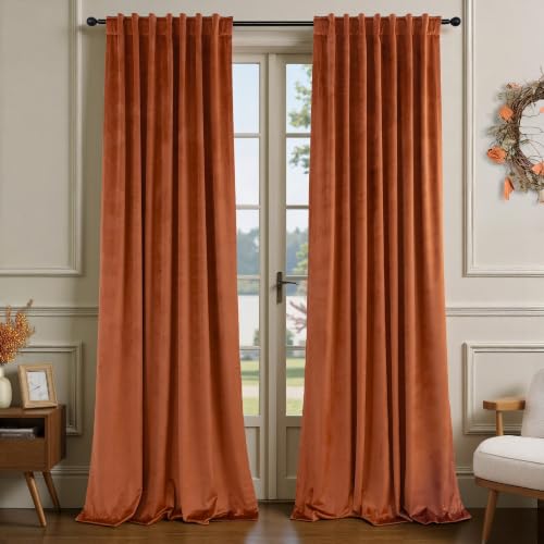 Image of Rust Colored Terracotta Boho Plush Velvet Curtains 108 Inches Long 2 Panels for Living Room Darkening Back Tab Pocket Thermal Insulated Elegant Blackout Curtains Ceiling to Floor Length for Patio Door