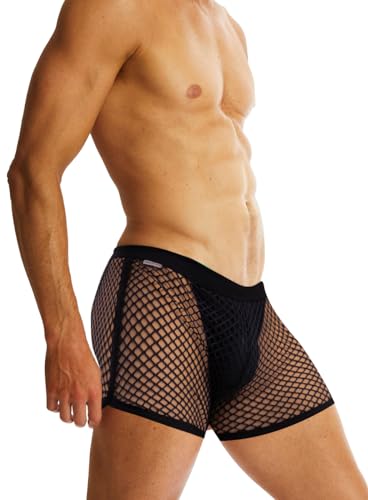 MIZOK Men's Sexy Sheer Fishnet Boxer Briefs Mesh See Through Pouch Boxer Underwear2