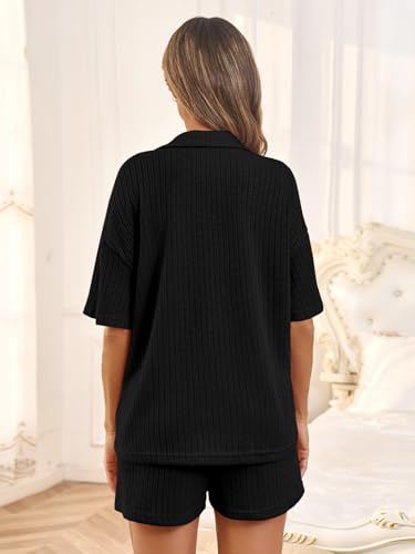 Tankaneo Womens Ribbed Knit 2 Piece Pajama Sets Button Down Short Sleeve Tops and Shorts Set Summer Casual Loungewear3