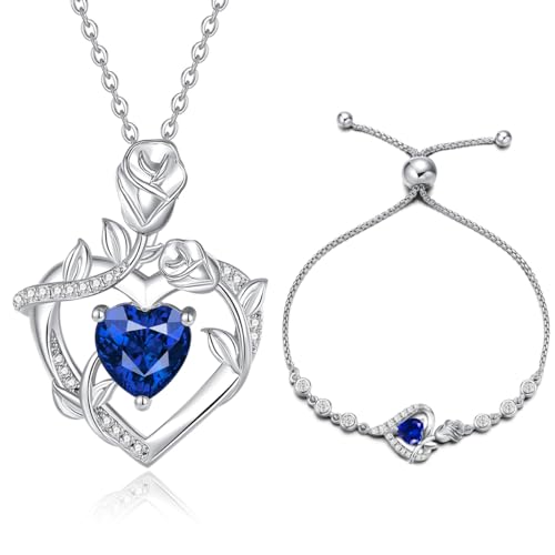 AGVANA September Birthstone Jewelry Sapphire Necklace Bracelet for Women Sterling Silver CZ Rose Flower Heart Pendant Mothers Day Gifts for Mom Anniversary Birthday Gifts for Girls Her