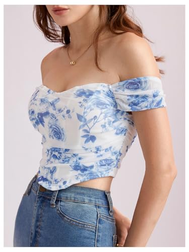 Image of Floerns Women's Off Shoulder Short Sleeve Asymmetrical Hem Ruched Corset Crop Top