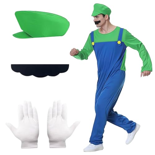 Disfraz Mario y Luigi Bros, Disfraz Mario Bros Adulto, Disfraz de Mario y Luigi, Set de Accesorios Luigi/Mario Classic con Guantes, Bigote y Gorra, Mario Luigi Cosplay Disfraz, Halloween Carnaval (M2)