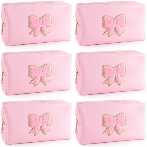 6 Pcs Pink Bow Makeup Bags PU Leather Cosmetic Bag Make up Toiletry Pouch Bulk Portable Travel Organizers Case Cute Coquette Stuff for Girls Women Bachelorette Birthday Party Gifts (01 Pink)