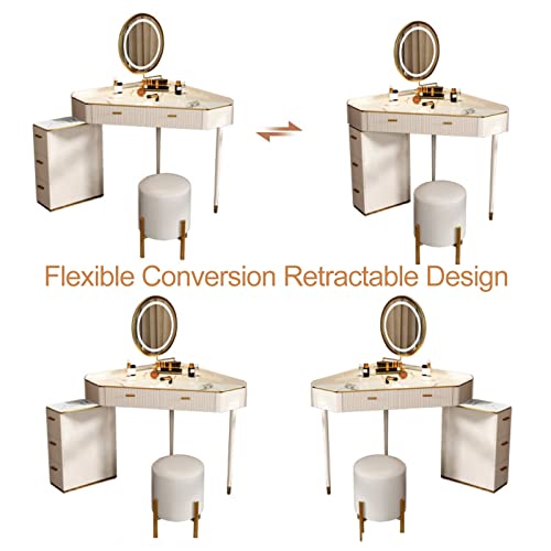 Realn Corner Vanity Desk With Led Lighted Mirror, Makeup Vanity Table With Drawer & Retractable Side Cabinets, Vanity Table Set With Cushioned Stool, For Bathroom, Bedroom (Size : 24 X 24 X 31In) #TOP4