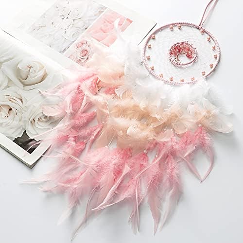 LOMOHOO Tree of Life Dream Catcher Pink Feather Dreamcatcher Wall Decor with Natural Healing Crystal Stone,Perfect Handmade Home Décor and Bedroom Décor