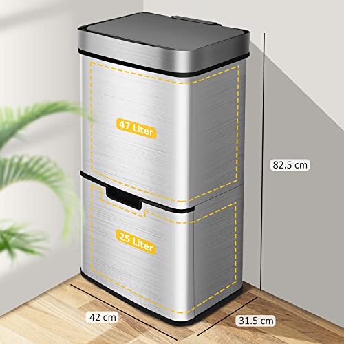 Ribelli Stainless Steel - Waste Separation Systems with 3 + 1 Compartments - Rubbish Bin with Sensor - 72 Litres (2 x 12 + 1 x 48 L) - Stainless Steel Design Pedal Bin - Silver