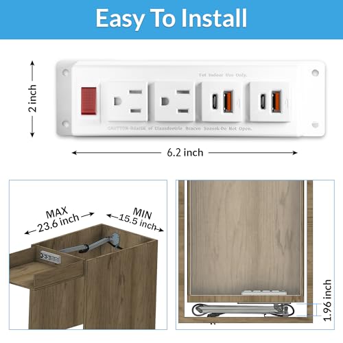 Drawer Outlet Kit with PD 20W USB-C Fast Charging Station(2), AC(TR)(15Amp) Outlets(2), (14 AWG) Power Cable, Aluminum Cord Management Arm for Wide Drawer Bathroom Kitchen Bedroom Offices Cabinets