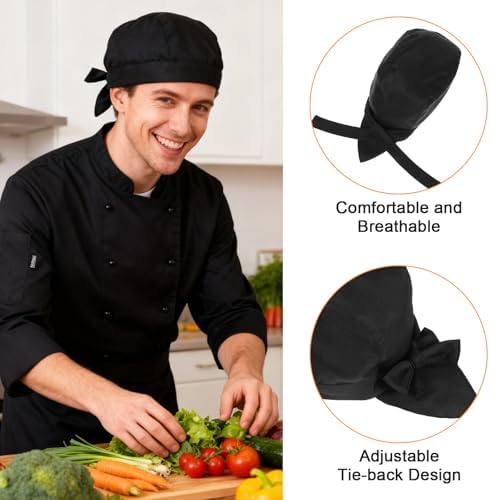 3 Pack Tie Back Chef Hats, Adjustable Chefs Hats for Adults Chefs Bandana Skull Cap Breathable Cooking Hat for Men Women — view 2
