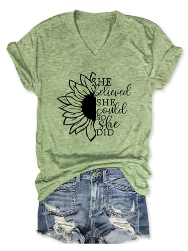 YORAURT Inspirational Shirts for Women She Believed She Could So She Did T-Shirt V Neck Sunflowers Graphic Tees Tops