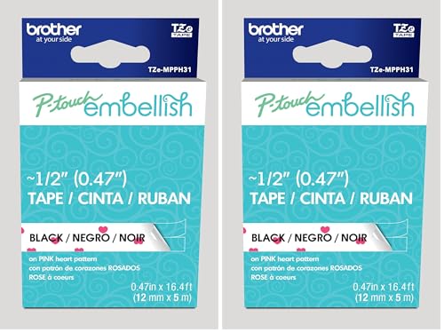 Image of Brother P-Touch Embellish Black Print on Pink Hearts Patterned Tape TZEMPPH31 - ~ inch Wide x 13.1' Long for use with P-Touch Embellish Ribbon & Tape Printer (Pack of 2)
