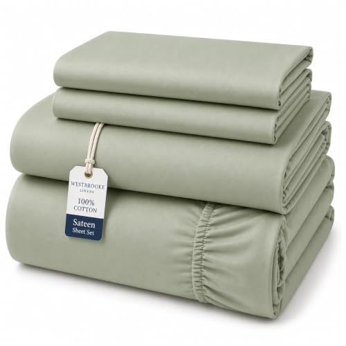Westbrooke 475 Thread Count 100% Long Staple Cotton Sateen Sheet Set, King 4 Piece Bedding Set Silky Soft, Smooth & Breathable Cotton Sheets with 15.5" Deep Pocket Luxury Sateen Finish Sage