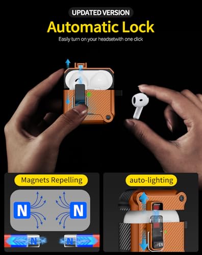Image of Pohgelan for AirPods 4 Case with Safety Lock-Orange | Carbon Fiber Texture Cover,Magnetic Automatic Lock with Cleaning Kit&Keychain,Compatible with Magsafe