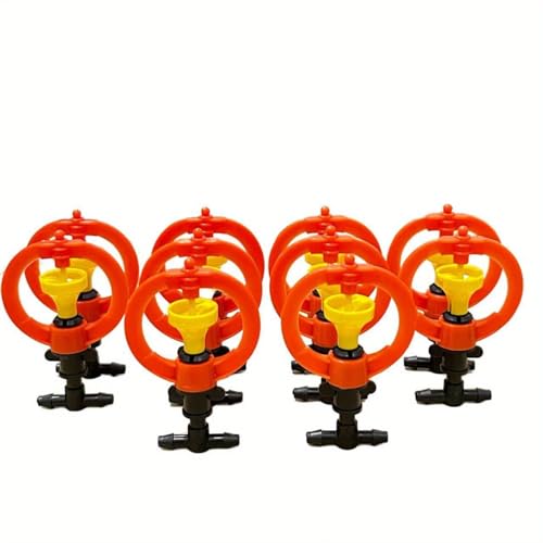 10 Set Orange Atomizing Nozzle with Tee Misting Drippers Head with Drip Irrigation Connector, Adjustable Integrated Micro Spray Mister Heads Drip Sprinkler for 1/4 Inch Drip Irrigation Tubing (1/4)