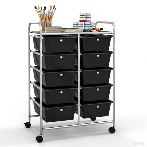 GLACER 10 Drawer Rolling Cart, Storage Cart with Lockable Whieels & Metal Frame, Trolley for Art Craft Oganizer, Mobile Utility Cart for Office, School, Classroom, Kitchen (Black)