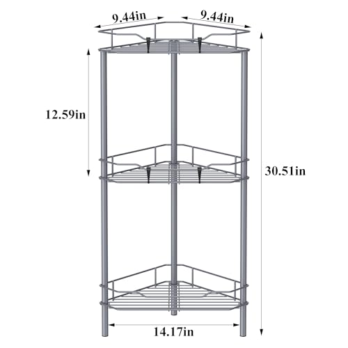 Image of HuggieGems 3 Tier Floor Standing Corner Shower Caddy Organizer Shelf with Hooks, Bathroom Shelves Stand Rack, Dark Gray