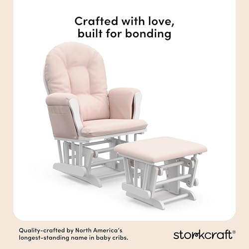 Image of Storkcraft Premium Hoop Glider & Ottoman (White /Pink) - GREENGUARD Gold Certified Nursery Glider, Solid Wood Craftsmanship, Smooth-Gliding Nursery Chair and Ottoman, Award-Winning