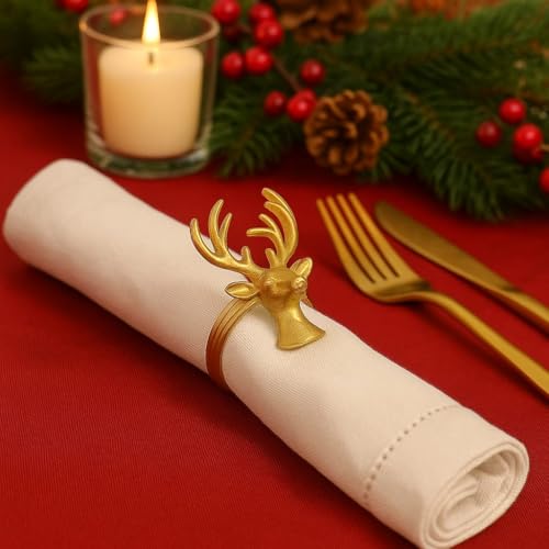 ITOS365 Set of 12 Gold Deer Head Napkin Rings – Elegant Antler Design Metal Napkin Holders for Christmas, Thanksgiving, Wedding, Holiday & Dinner Table Décor