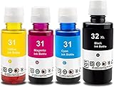 📦 1x Botella de tinta negra 1x botella cyan 1x botella magenta 1x botella yellow compatibles para HP 31 32 (no original).