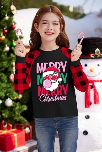 Image of BesserBay Girl's Christmas Buffalo Plaid Raglan Top Funny Holiday Graphic Shirt 4-14 Years